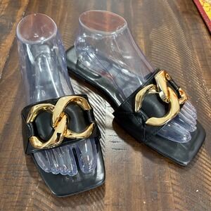 Womens Black Faux Leather Slide Sandals Gold Chain Square Toe Flat Mules Size 40